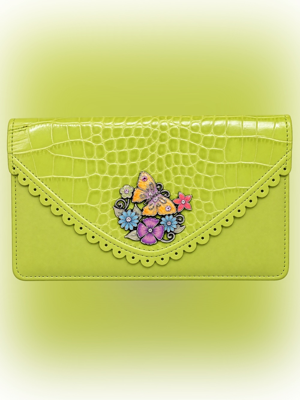 Brighton Lime Green Floral Butterfly Clutch 6”x 4”x1”
